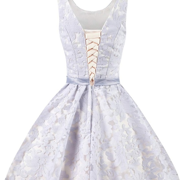 Gray Vintage Floral Lace Dress With Contrast Bow - Picture 3 of 7